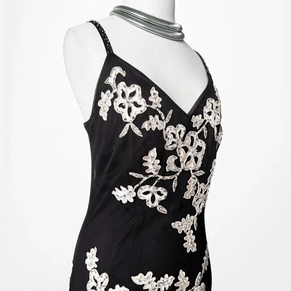 Vintage Y2K 90s Brown Floral Embroidered Mesh Maxi Formal Prom Dress Size S/M